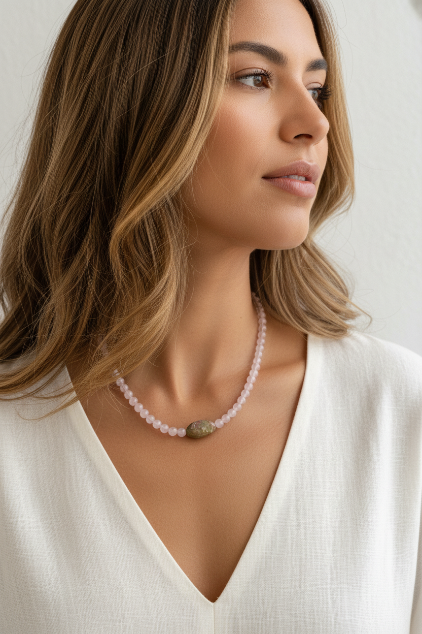 Woman wearing rose quartz necklace with unakite pendant
